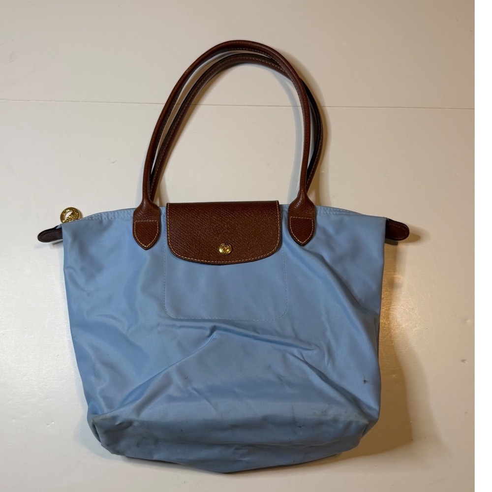 Longchamp Le Pliage Tote Bag Womens Medium Light Blue Nylon Leather Trim